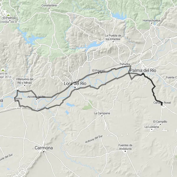 Miniatuurkaart van de fietsinspiratie "Cañada Rosal naar Tocina Road Route" in Andalucía, Spain. Gemaakt door de Tarmacs.app fietsrouteplanner