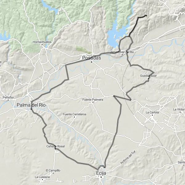 Miniatua del mapa de inspiración ciclista "Ruta de Los Alcores y el Guadalquivir" en Andalucía, Spain. Generado por Tarmacs.app planificador de rutas ciclistas