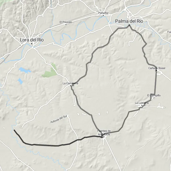 Miniatura mapy "Trasa szosowa 117 km z Cañada Rosal" - trasy rowerowej w Andalucía, Spain. Wygenerowane przez planer tras rowerowych Tarmacs.app