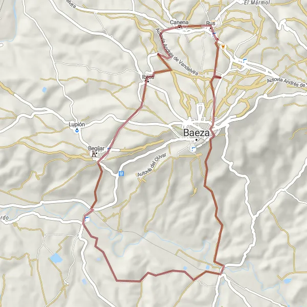 Miniatua del mapa de inspiración ciclista "Ruta de Grava de Baeza" en Andalucía, Spain. Generado por Tarmacs.app planificador de rutas ciclistas