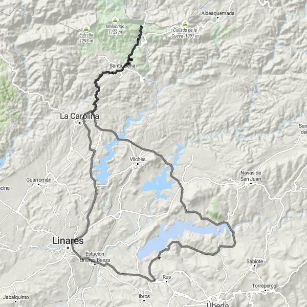Miniatua del mapa de inspiración ciclista "Ruta Extensa por la Sierra" en Andalucía, Spain. Generado por Tarmacs.app planificador de rutas ciclistas