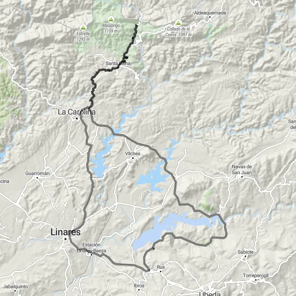 Miniatuurkaart van de fietsinspiratie "Avontuurlijke tocht door de regio: van Linares naar Castillo de Canena" in Andalucía, Spain. Gemaakt door de Tarmacs.app fietsrouteplanner