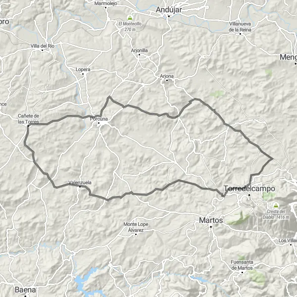 Karten-Miniaturansicht der Radinspiration "Historische Tour von Porcuna nach Valenzuela" in Andalucía, Spain. Erstellt vom Tarmacs.app-Routenplaner für Radtouren