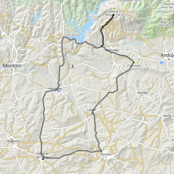 Miniatura della mappa di ispirazione al ciclismo "Giro in bicicletta attraverso Colline e Castelli" nella regione di Andalucía, Spain. Generata da Tarmacs.app, pianificatore di rotte ciclistiche