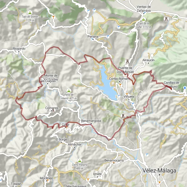 Miniatua del mapa de inspiración ciclista "Ruta en bicicleta de grava desde Canillas de Aceituno" en Andalucía, Spain. Generado por Tarmacs.app planificador de rutas ciclistas