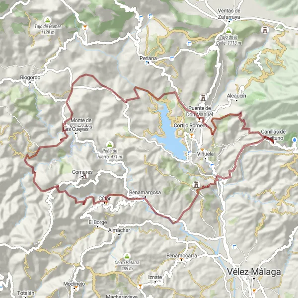 Miniatuurkaart van de fietsinspiratie "Gravelroute van Canillas de Aceituno naar Benamargosa" in Andalucía, Spain. Gemaakt door de Tarmacs.app fietsrouteplanner