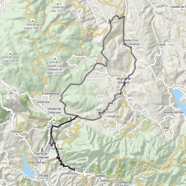 Miniatua del mapa de inspiración ciclista "Ruta en bicicleta de carretera hasta Alhama de Granada" en Andalucía, Spain. Generado por Tarmacs.app planificador de rutas ciclistas