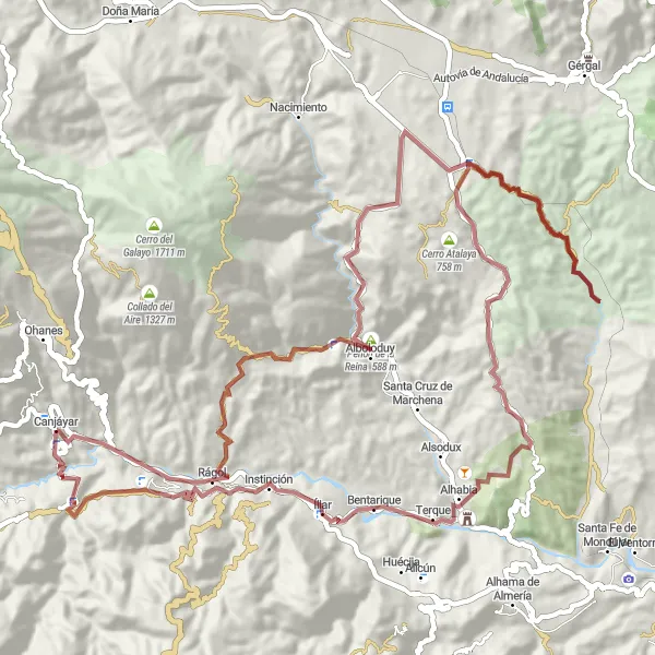 Miniatua del mapa de inspiración ciclista "Ruta de la Aventura y la Historia" en Andalucía, Spain. Generado por Tarmacs.app planificador de rutas ciclistas