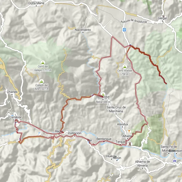 Map miniature of "The Gravel Discovery" cycling inspiration in Andalucía, Spain. Generated by Tarmacs.app cycling route planner