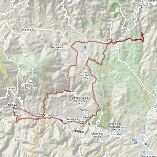 Miniatura della mappa di ispirazione al ciclismo "Gravel Adventure through Andalucía" nella regione di Andalucía, Spain. Generata da Tarmacs.app, pianificatore di rotte ciclistiche