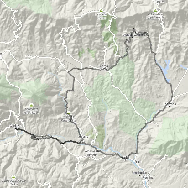 Miniatura della mappa di ispirazione al ciclismo "Road 133km - Canjáyar Adventure" nella regione di Andalucía, Spain. Generata da Tarmacs.app, pianificatore di rotte ciclistiche