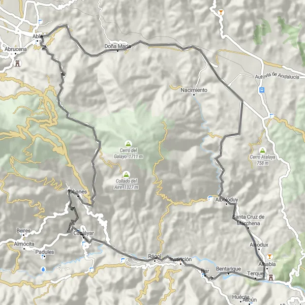 Map miniature of "The Road Escape" cycling inspiration in Andalucía, Spain. Generated by Tarmacs.app cycling route planner