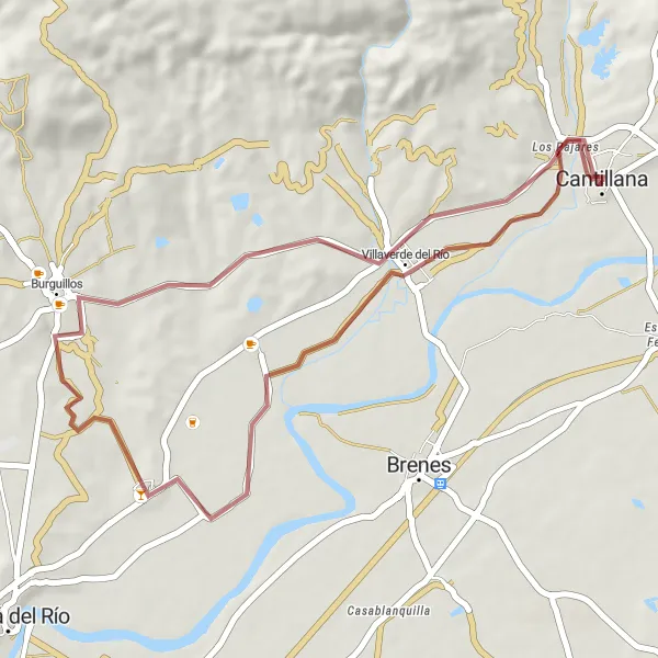 Miniature de la carte de l'inspiration cycliste "Les collines de Villaverde del Río" dans la Andalucía, Spain. Générée par le planificateur d'itinéraire cycliste Tarmacs.app