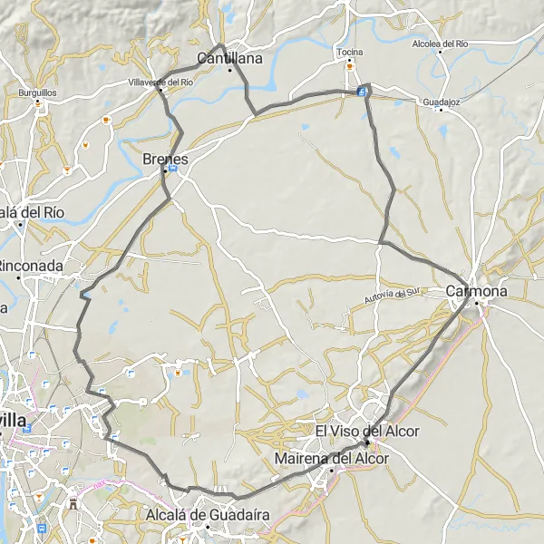 Miniaturní mapa "Z historických Carmony po archeologické nálezy v Cantillaně" inspirace pro cyklisty v oblasti Andalucía, Spain. Vytvořeno pomocí plánovače tras Tarmacs.app