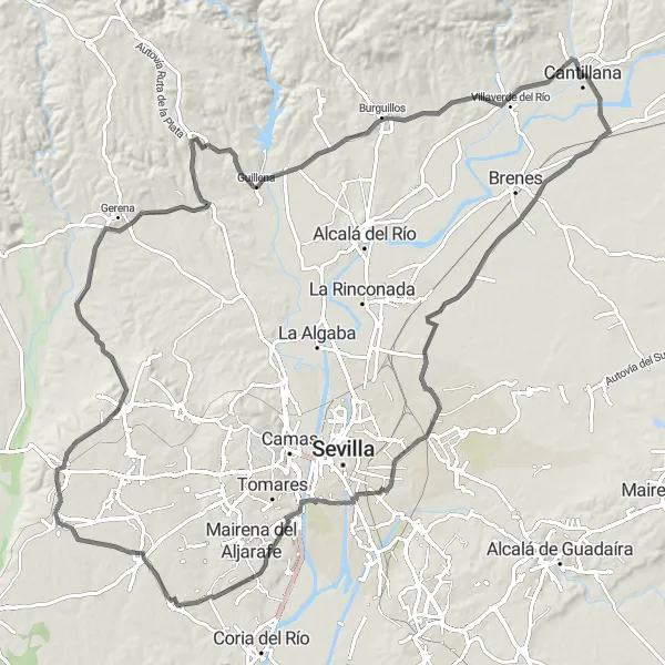 Map miniature of "Cantillana Loop" cycling inspiration in Andalucía, Spain. Generated by Tarmacs.app cycling route planner