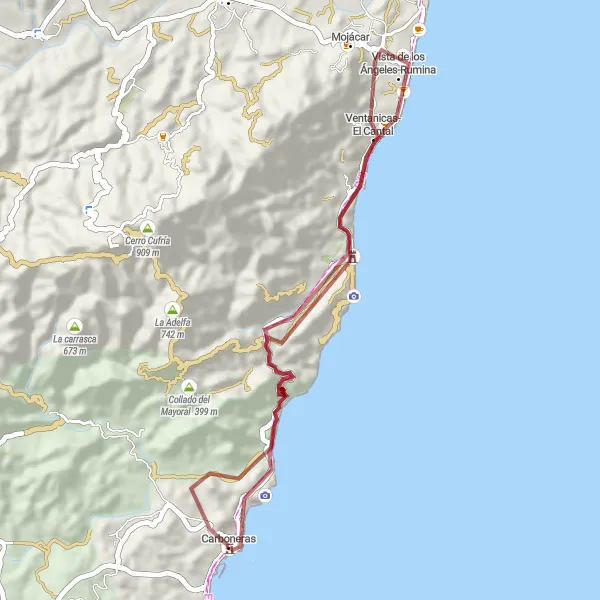 Miniatua del mapa de inspiración ciclista "Ruta en Gravel desde Carboneras" en Andalucía, Spain. Generado por Tarmacs.app planificador de rutas ciclistas