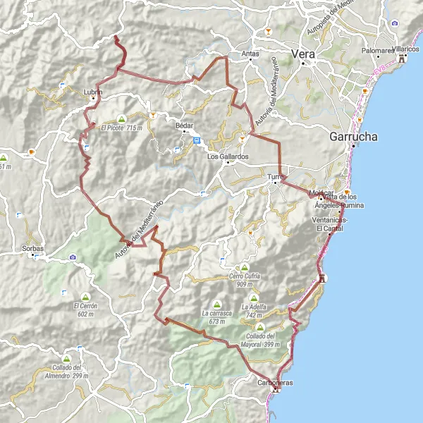 Miniatura della mappa di ispirazione al ciclismo "Esperienza gravel tra natura incontaminata" nella regione di Andalucía, Spain. Generata da Tarmacs.app, pianificatore di rotte ciclistiche
