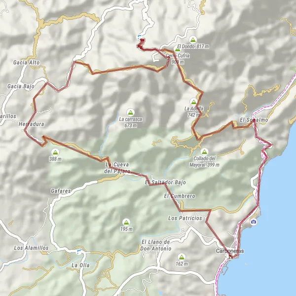 Miniatura della mappa di ispirazione al ciclismo "Il fascino selvaggio dei Monti di Carboneras in bicicletta" nella regione di Andalucía, Spain. Generata da Tarmacs.app, pianificatore di rotte ciclistiche