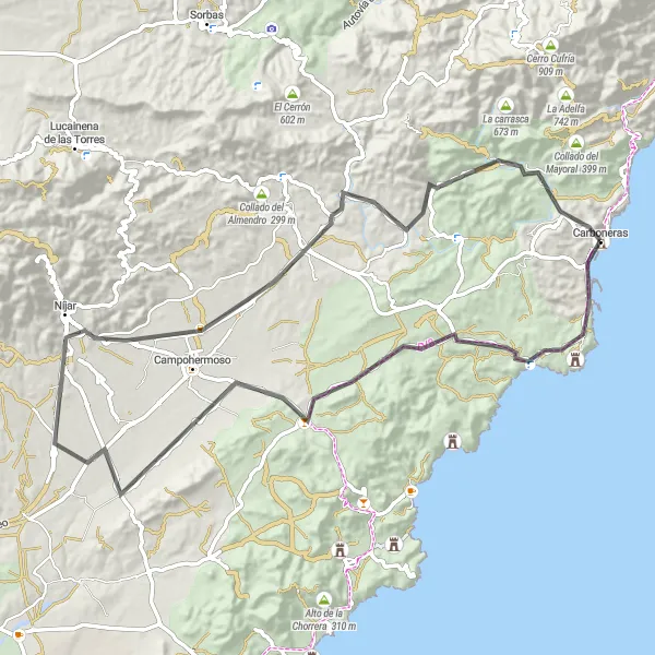 Miniatuurkaart van de fietsinspiratie "Rondrit op de weg vanuit Carboneras" in Andalucía, Spain. Gemaakt door de Tarmacs.app fietsrouteplanner