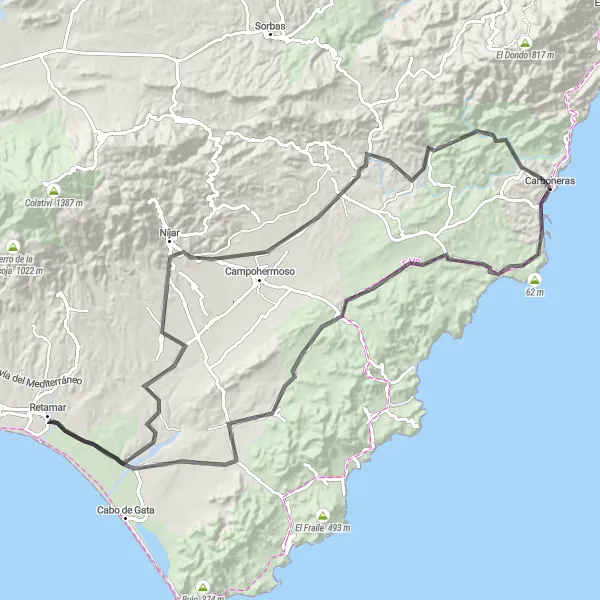 Miniature de la carte de l'inspiration cycliste "Randonnée jusqu'au Mirador Punta de los Muertos" dans la Andalucía, Spain. Générée par le planificateur d'itinéraire cycliste Tarmacs.app