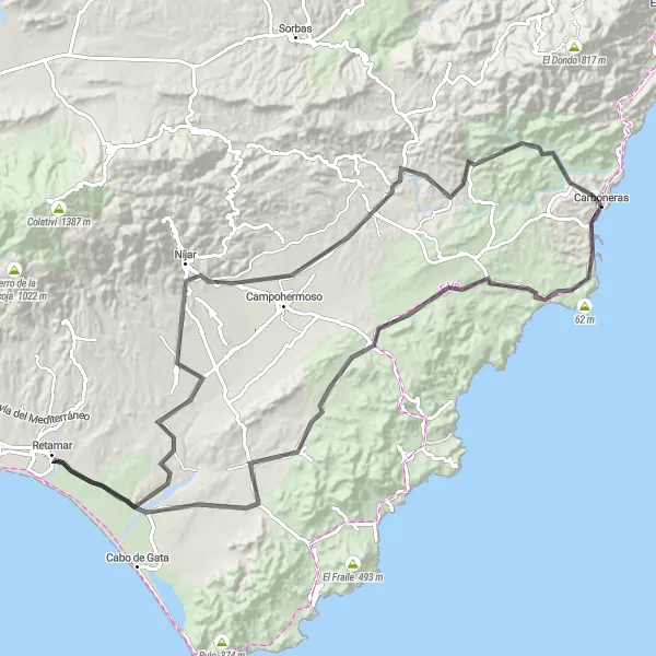 Miniaturekort af cykelinspirationen "Landevejskørsel til Isla de San Andrés og Carboneras" i Andalucía, Spain. Genereret af Tarmacs.app cykelruteplanlægger