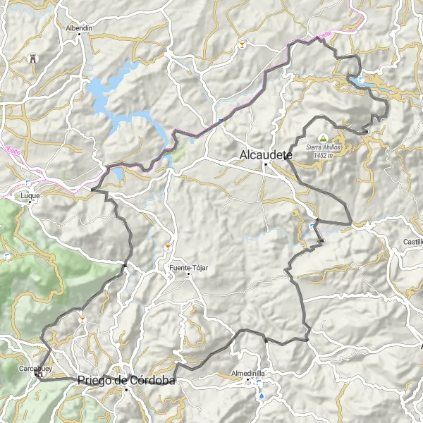 Miniatura della mappa di ispirazione al ciclismo "Giro in bici di 120 km intorno a Carcabuey" nella regione di Andalucía, Spain. Generata da Tarmacs.app, pianificatore di rotte ciclistiche
