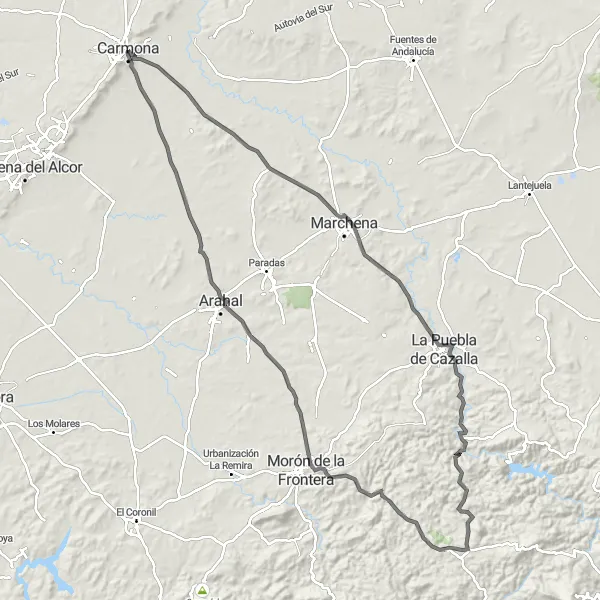 Miniatura della mappa di ispirazione al ciclismo "Road da Carmona ad Arahal" nella regione di Andalucía, Spain. Generata da Tarmacs.app, pianificatore di rotte ciclistiche