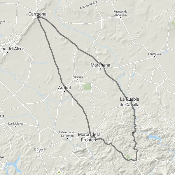 Map miniature of "Carmona to Arahal Road Route" cycling inspiration in Andalucía, Spain. Generated by Tarmacs.app cycling route planner