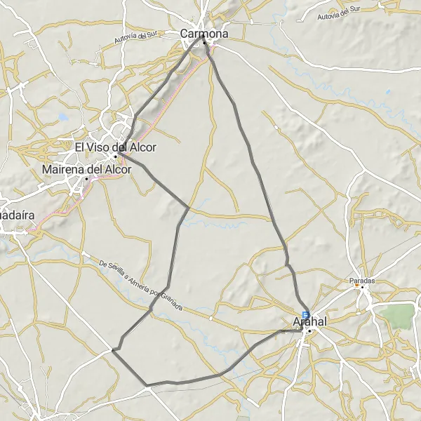 Miniatura della mappa di ispirazione al ciclismo "Road da Carmona a El Viso del Alcor" nella regione di Andalucía, Spain. Generata da Tarmacs.app, pianificatore di rotte ciclistiche
