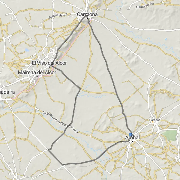 Map miniature of "Carmona to El Viso del Alcor Road Route" cycling inspiration in Andalucía, Spain. Generated by Tarmacs.app cycling route planner