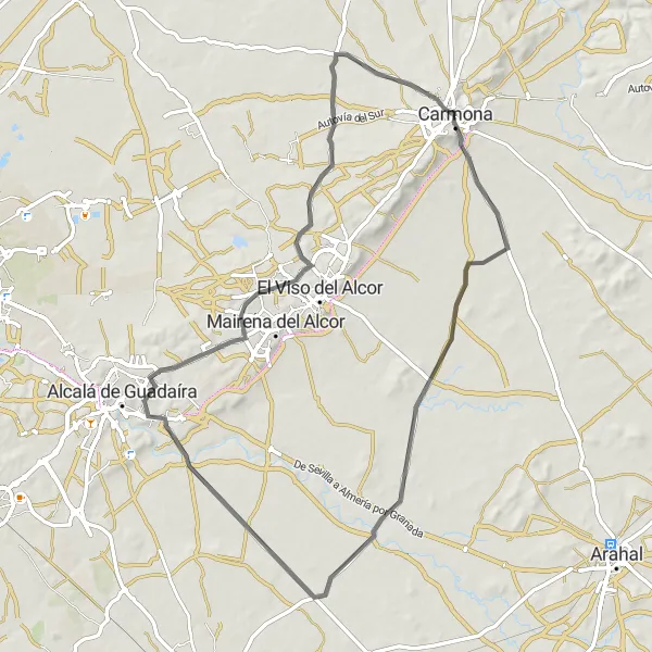 Miniatura della mappa di ispirazione al ciclismo "Tour ciclistico da Carmona al Castillo de Marchenilla" nella regione di Andalucía, Spain. Generata da Tarmacs.app, pianificatore di rotte ciclistiche