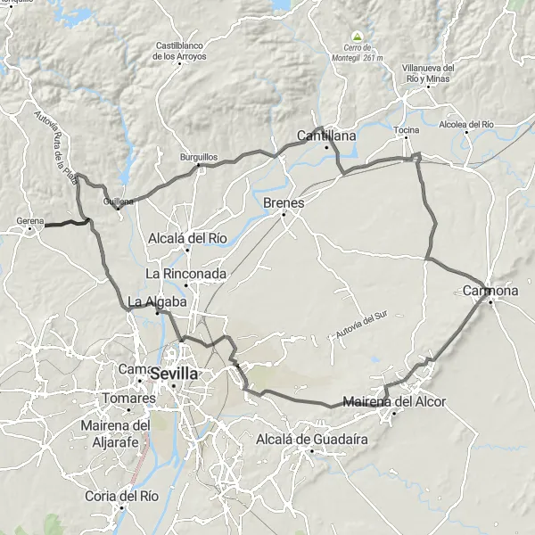 Miniatura della mappa di ispirazione al ciclismo "Cicloturismo da Carmona a Cantillana attraverso Las Pajanosas" nella regione di Andalucía, Spain. Generata da Tarmacs.app, pianificatore di rotte ciclistiche
