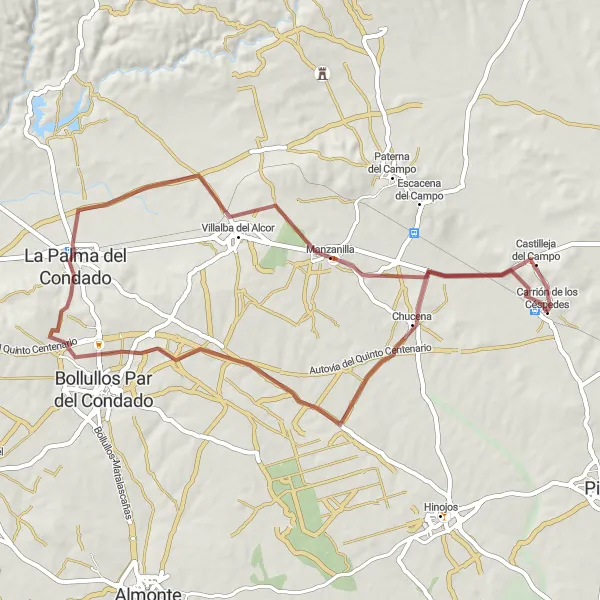 Miniatua del mapa de inspiración ciclista "Vuelta a Chucena y La Palma del Condado en bicicleta de grava" en Andalucía, Spain. Generado por Tarmacs.app planificador de rutas ciclistas
