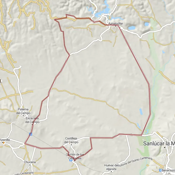 Miniatura della mappa di ispirazione al ciclismo "Avventura in bicicletta nei dintorni di Carrión de los Céspedes" nella regione di Andalucía, Spain. Generata da Tarmacs.app, pianificatore di rotte ciclistiche