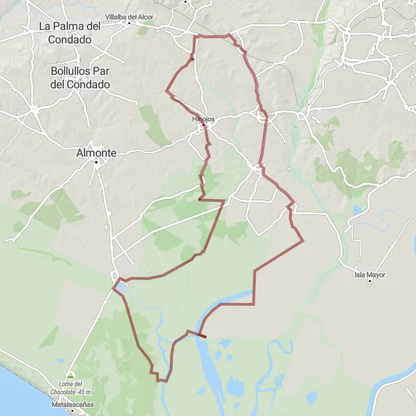 Miniatua del mapa de inspiración ciclista "Vuelta a Pilas y El Rocío en bicicleta de grava" en Andalucía, Spain. Generado por Tarmacs.app planificador de rutas ciclistas