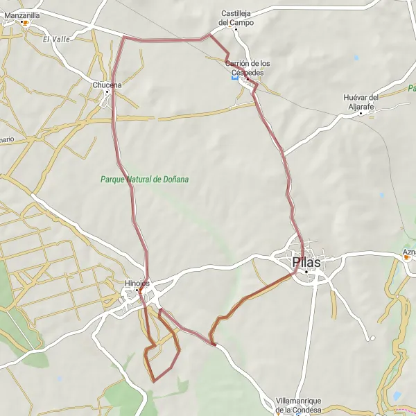 Miniatura della mappa di ispirazione al ciclismo "Giro in bicicletta tra Carrión de los Céspedes" nella regione di Andalucía, Spain. Generata da Tarmacs.app, pianificatore di rotte ciclistiche