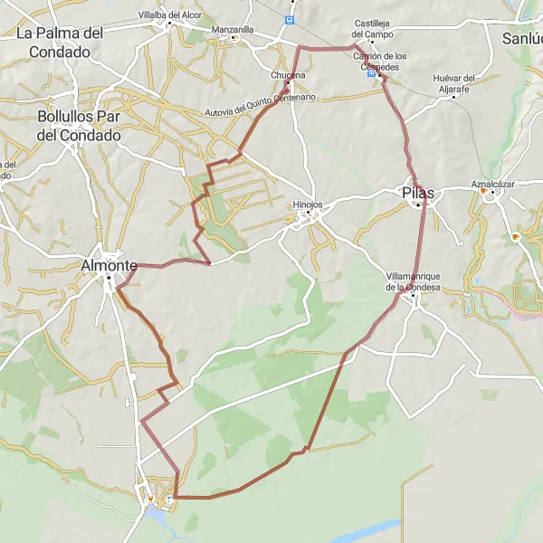 Miniatura della mappa di ispirazione al ciclismo "Giro in bicicletta tra Carrión de los Céspedes" nella regione di Andalucía, Spain. Generata da Tarmacs.app, pianificatore di rotte ciclistiche