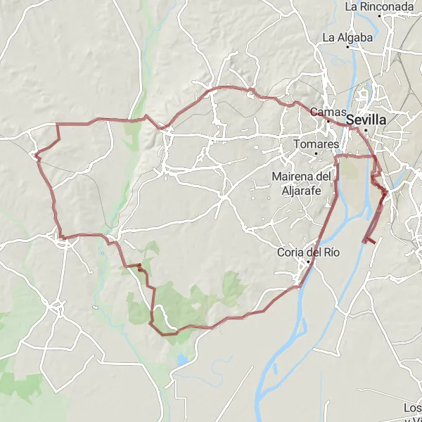 Miniatua del mapa de inspiración ciclista "Vuelta a Sanlúcar la Mayor y Bellavista-La Palmera en bicicleta de grava" en Andalucía, Spain. Generado por Tarmacs.app planificador de rutas ciclistas