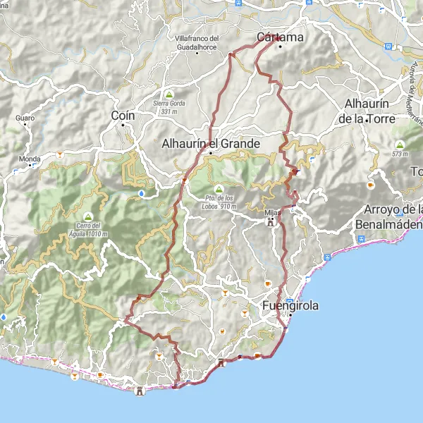 Miniaturní mapa "Coastal Gravel Route to Cártama" inspirace pro cyklisty v oblasti Andalucía, Spain. Vytvořeno pomocí plánovače tras Tarmacs.app