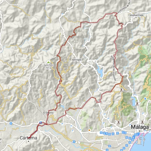 Miniatura della mappa di ispirazione al ciclismo "Tour in gravèl attraverso Cártama e dintorni" nella regione di Andalucía, Spain. Generata da Tarmacs.app, pianificatore di rotte ciclistiche