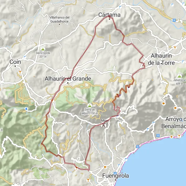 Map miniature of "Mijas Gravel Loop" cycling inspiration in Andalucía, Spain. Generated by Tarmacs.app cycling route planner