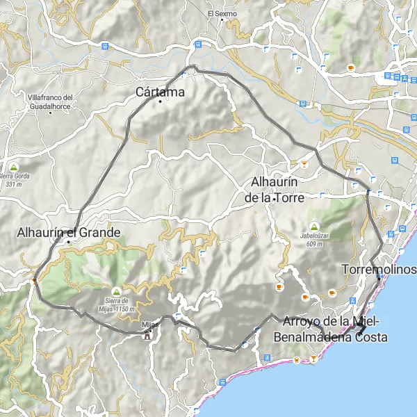 Map miniature of "Churriana to Cártama Road Cycling Route" cycling inspiration in Andalucía, Spain. Generated by Tarmacs.app cycling route planner
