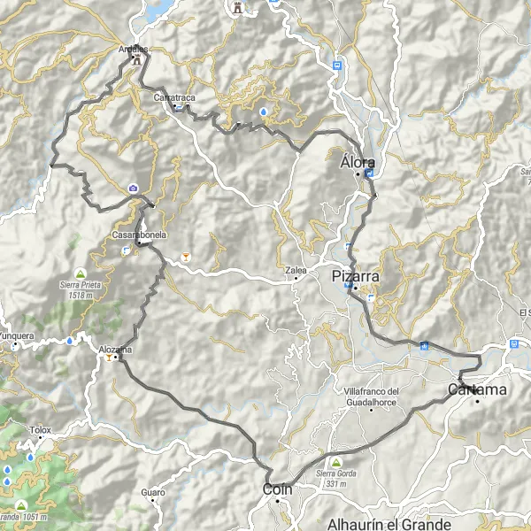 Karten-Miniaturansicht der Radinspiration "Die Herausforderung von Cártama nach Pizarra" in Andalucía, Spain. Erstellt vom Tarmacs.app-Routenplaner für Radtouren
