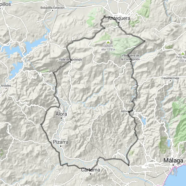 Miniaturní mapa "Challenging Road Cycling Route near Cártama" inspirace pro cyklisty v oblasti Andalucía, Spain. Vytvořeno pomocí plánovače tras Tarmacs.app