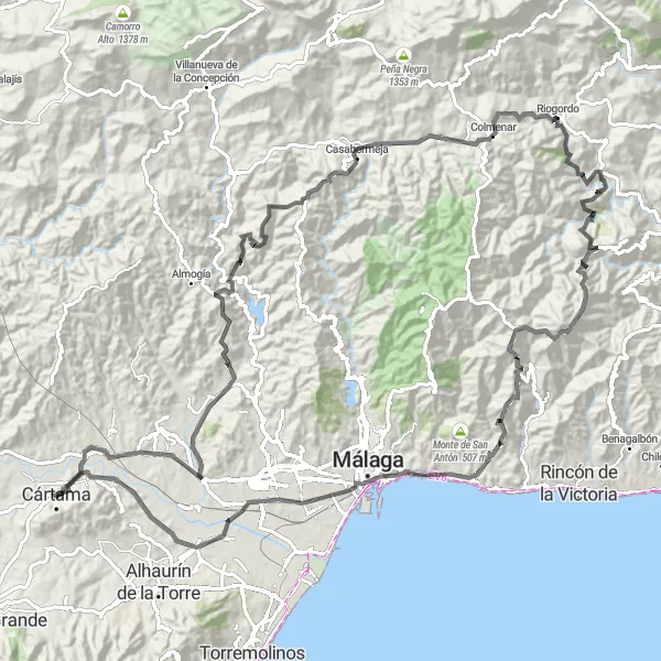 Map miniature of "Cártama to Casabermeja Road Cycling Route" cycling inspiration in Andalucía, Spain. Generated by Tarmacs.app cycling route planner