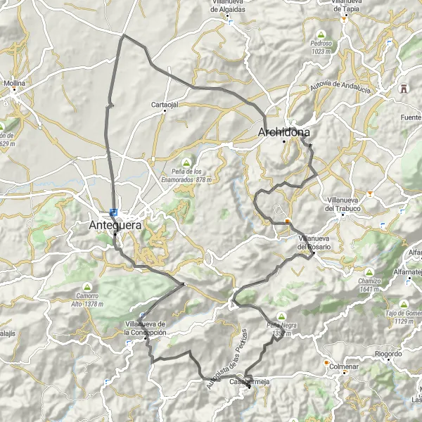 Miniaturní mapa "Road Route through Villages" inspirace pro cyklisty v oblasti Andalucía, Spain. Vytvořeno pomocí plánovače tras Tarmacs.app