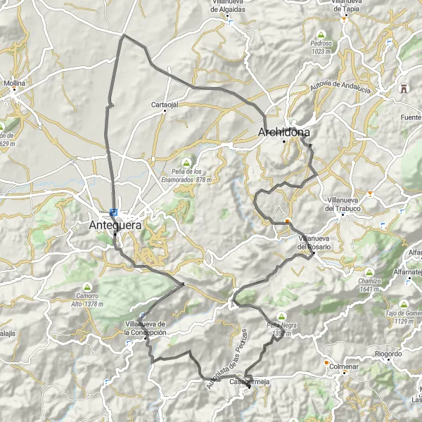 Miniatuurkaart van de fietsinspiratie "Road Trip langs Pittoreske Dorpen vanaf Casabermeja" in Andalucía, Spain. Gemaakt door de Tarmacs.app fietsrouteplanner