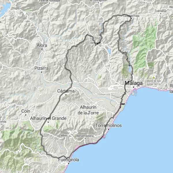 Miniatua del mapa de inspiración ciclista "Ruta de Carretera a Alhaurín el Grande" en Andalucía, Spain. Generado por Tarmacs.app planificador de rutas ciclistas