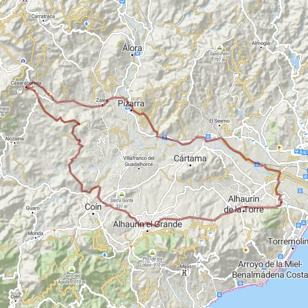 Miniatua del mapa de inspiración ciclista "Ruta de Casarabonela a Alhaurín el Grande" en Andalucía, Spain. Generado por Tarmacs.app planificador de rutas ciclistas