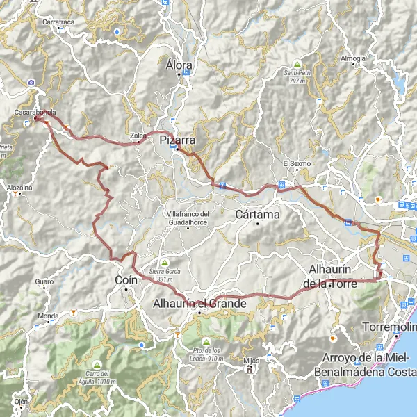 Map miniature of "Gravel Adventure in Pizarra" cycling inspiration in Andalucía, Spain. Generated by Tarmacs.app cycling route planner